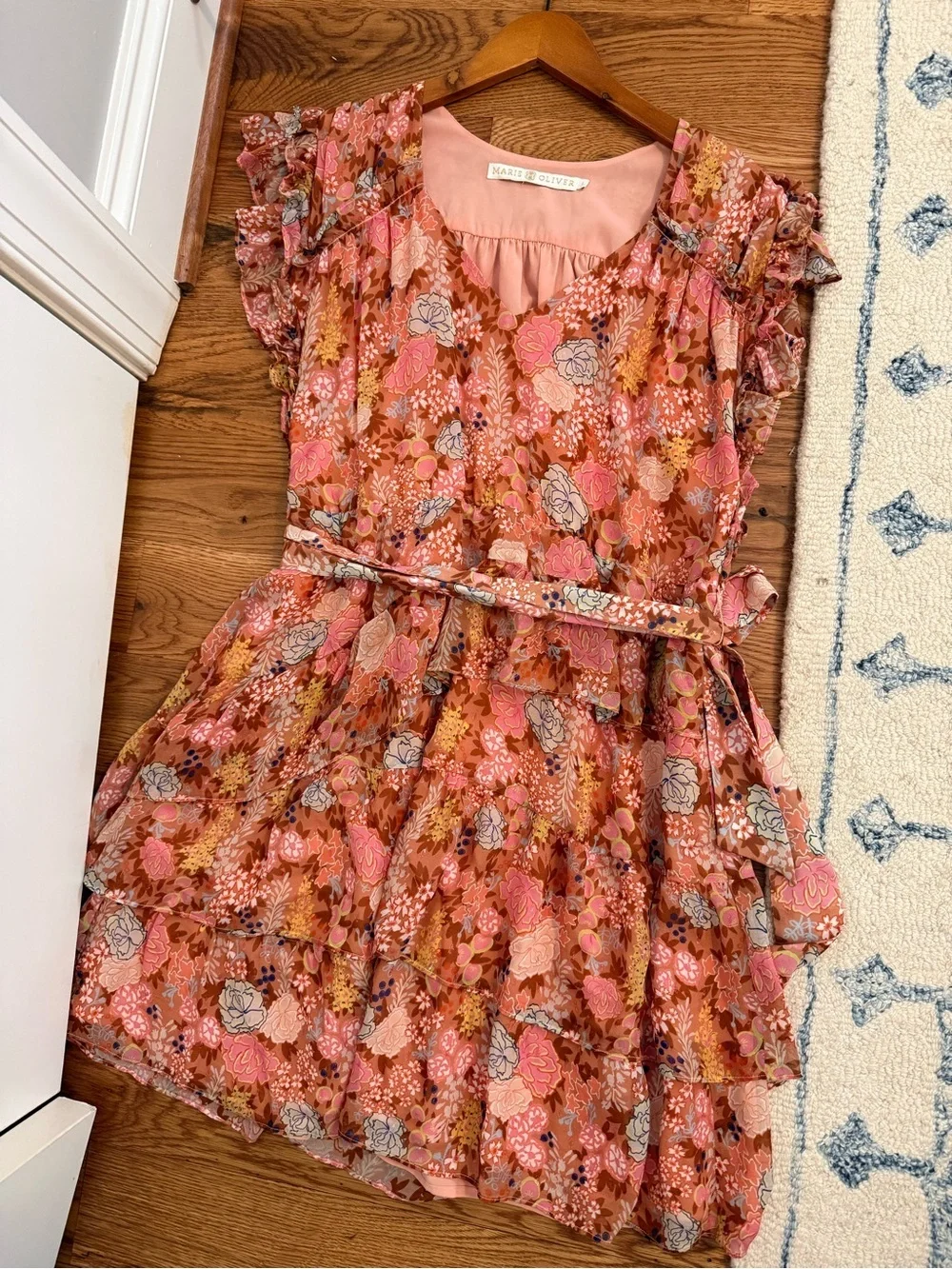 Marie Oliver Thea Ruffled Floral-Print Mini Dress Size Large Metallic Silk Blend